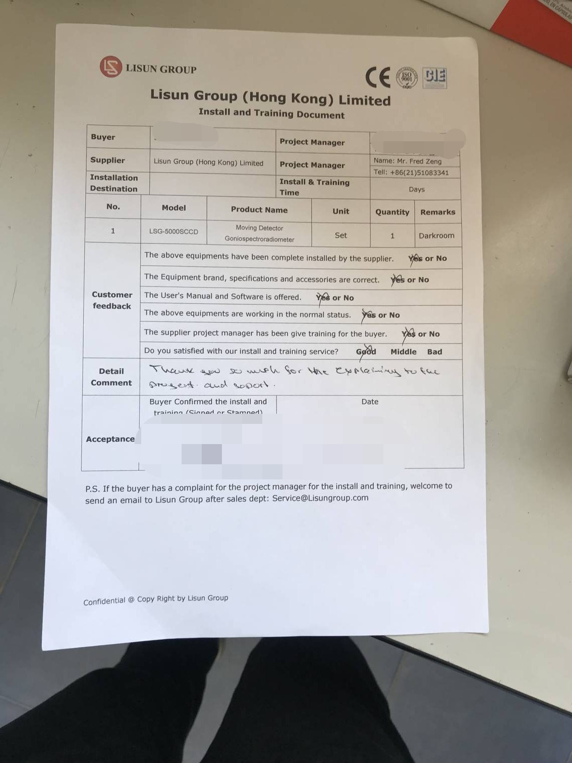 Satisfaction form from Customer